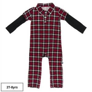 NEW KICKEE baby pants long sleeve plaid polo romper in xmas pla